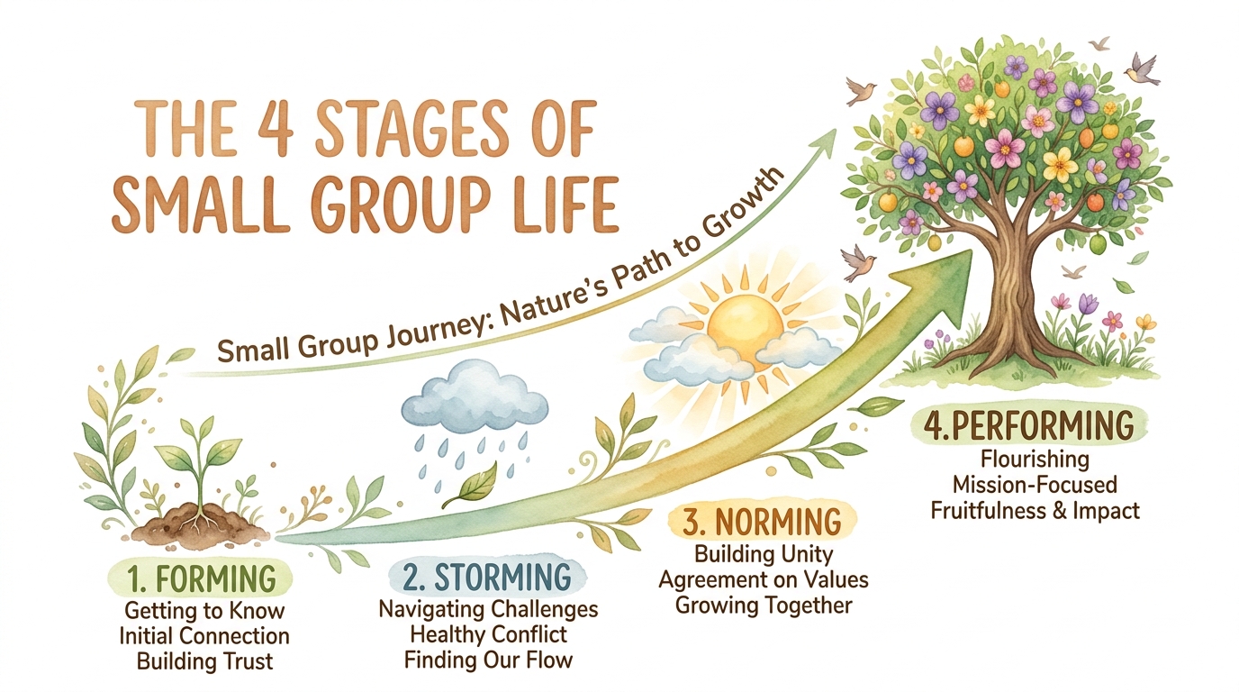 4 stages of small group life: Forming, Storming, Norming, Performing
