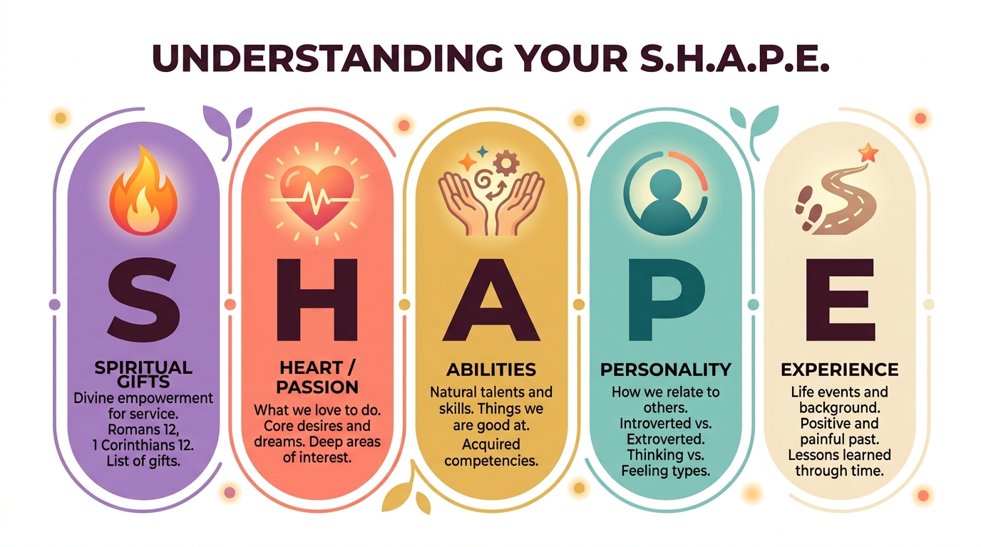 S.H.A.P.E. framework: Spiritual gifts, Heart, Abilities, Personality, Experience